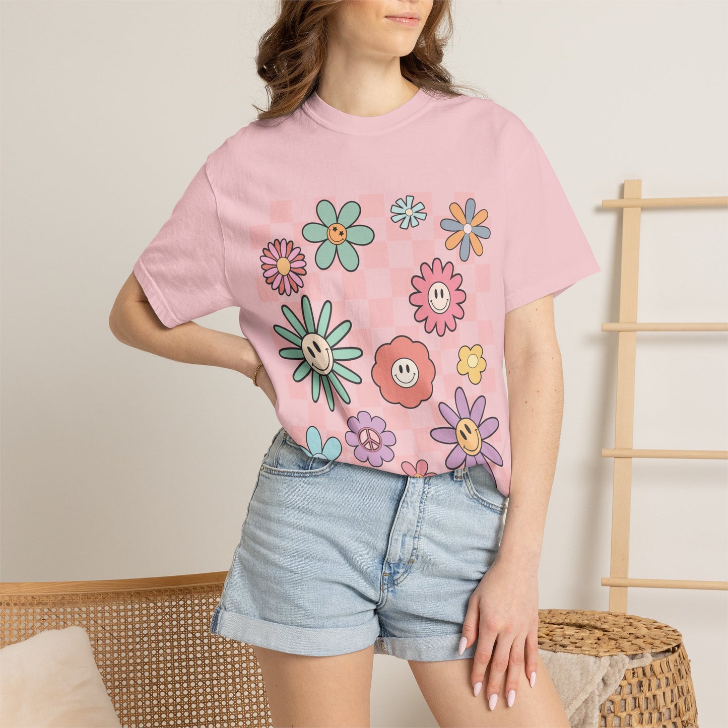 Smiley Flower Checkerboard T-Shirt