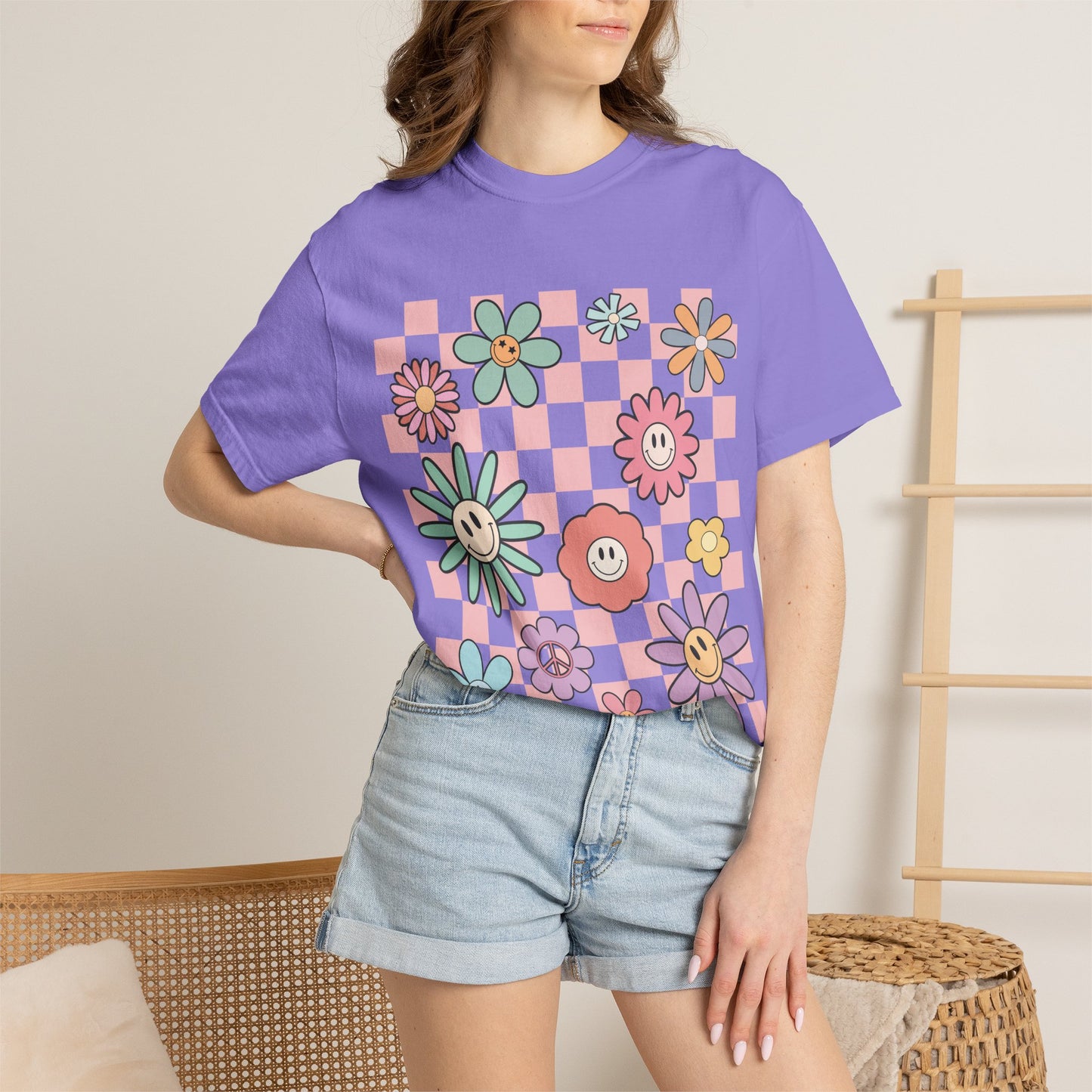Smiley Flower Checkerboard T-Shirt
