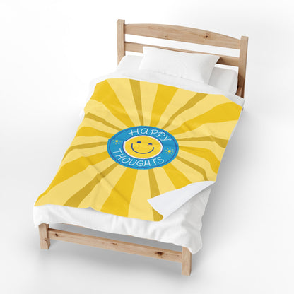 Happy Thoughts Velveteen Plush Blanket — Sunshine Smiley Throw for Kids & Positive Vibes