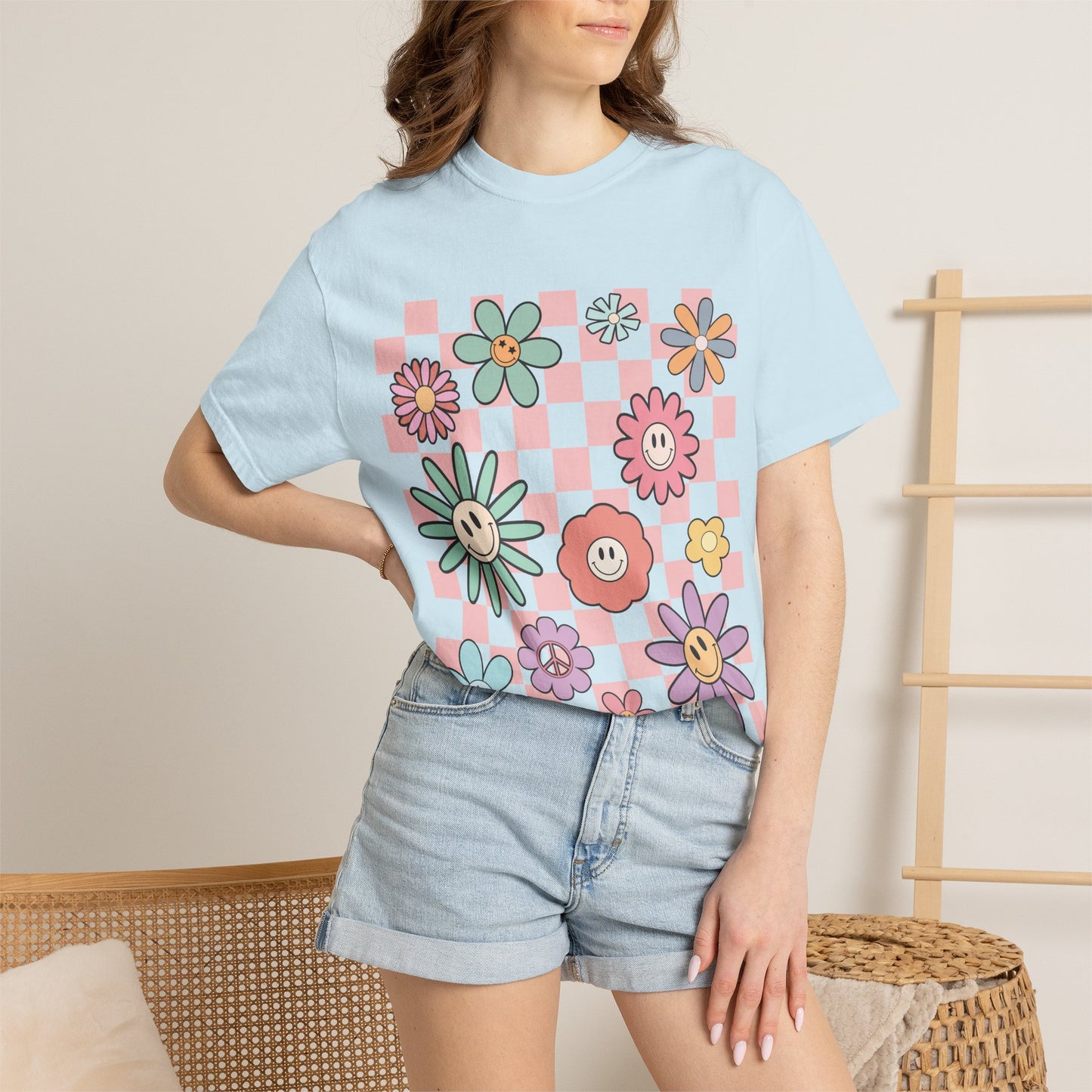 Smiley Flower Checkerboard T-Shirt