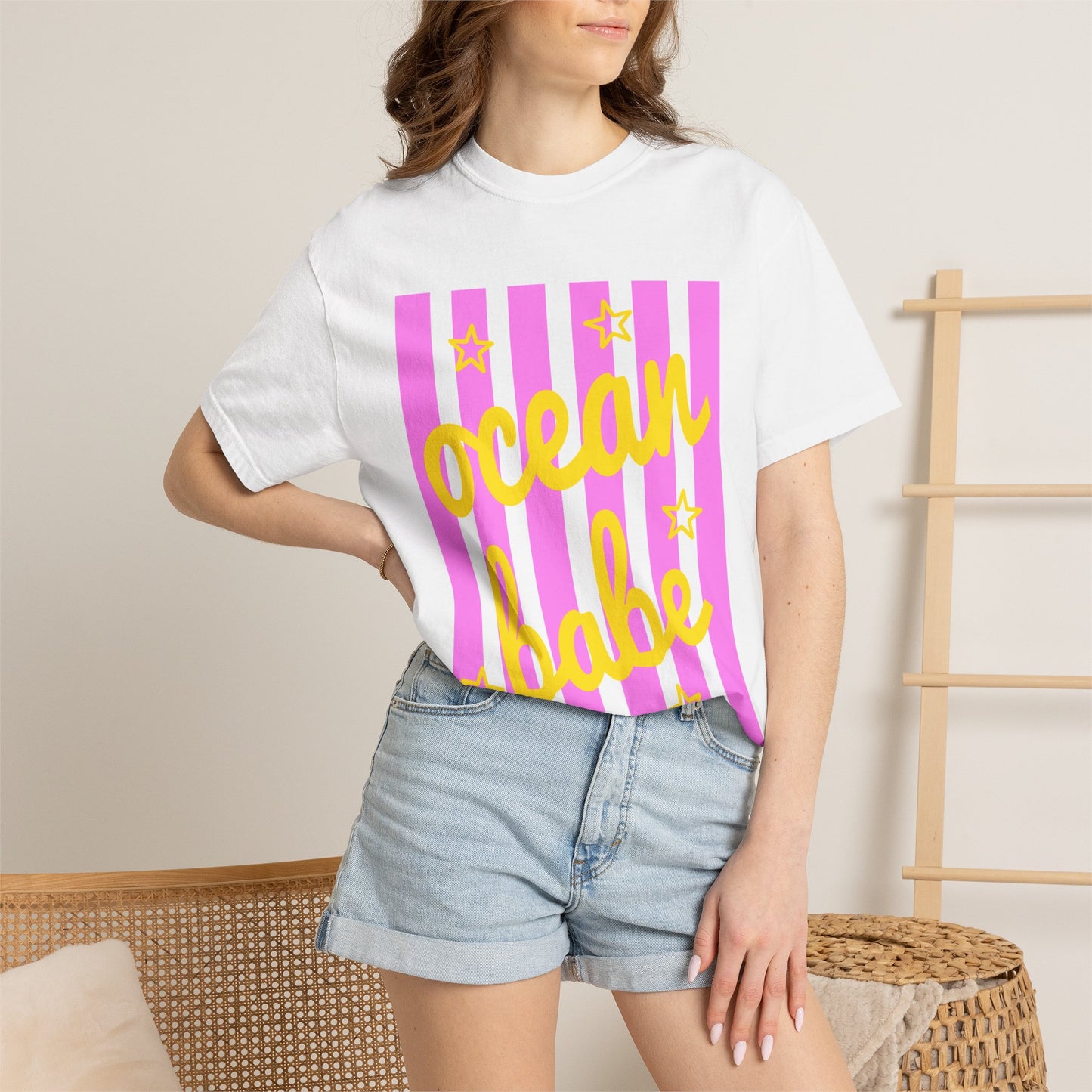 Ocean Babe Graphic T-Shirt — Pink Stripe Beach Tee