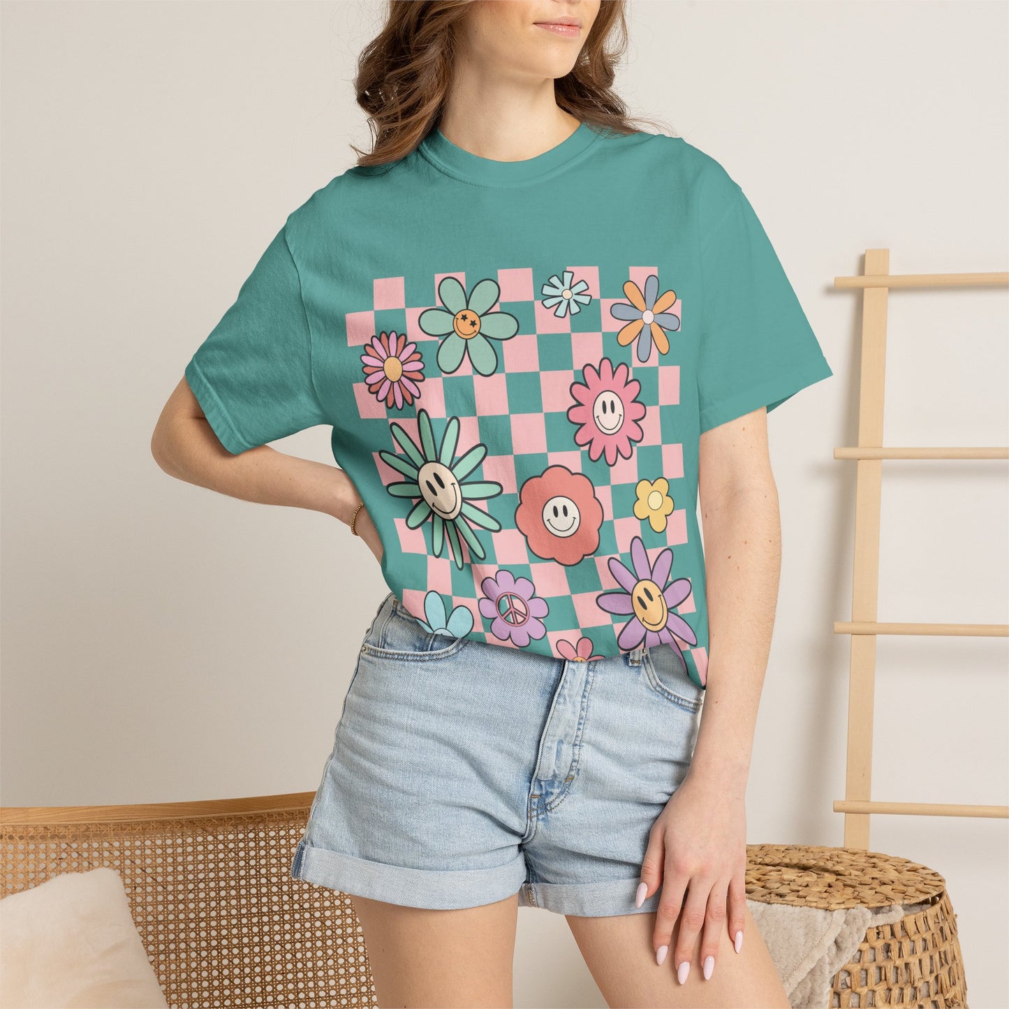 Smiley Flower Checkerboard T-Shirt