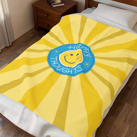 Happy Thoughts Velveteen Plush Blanket — Sunshine Smiley Throw for Kids & Positive Vibes