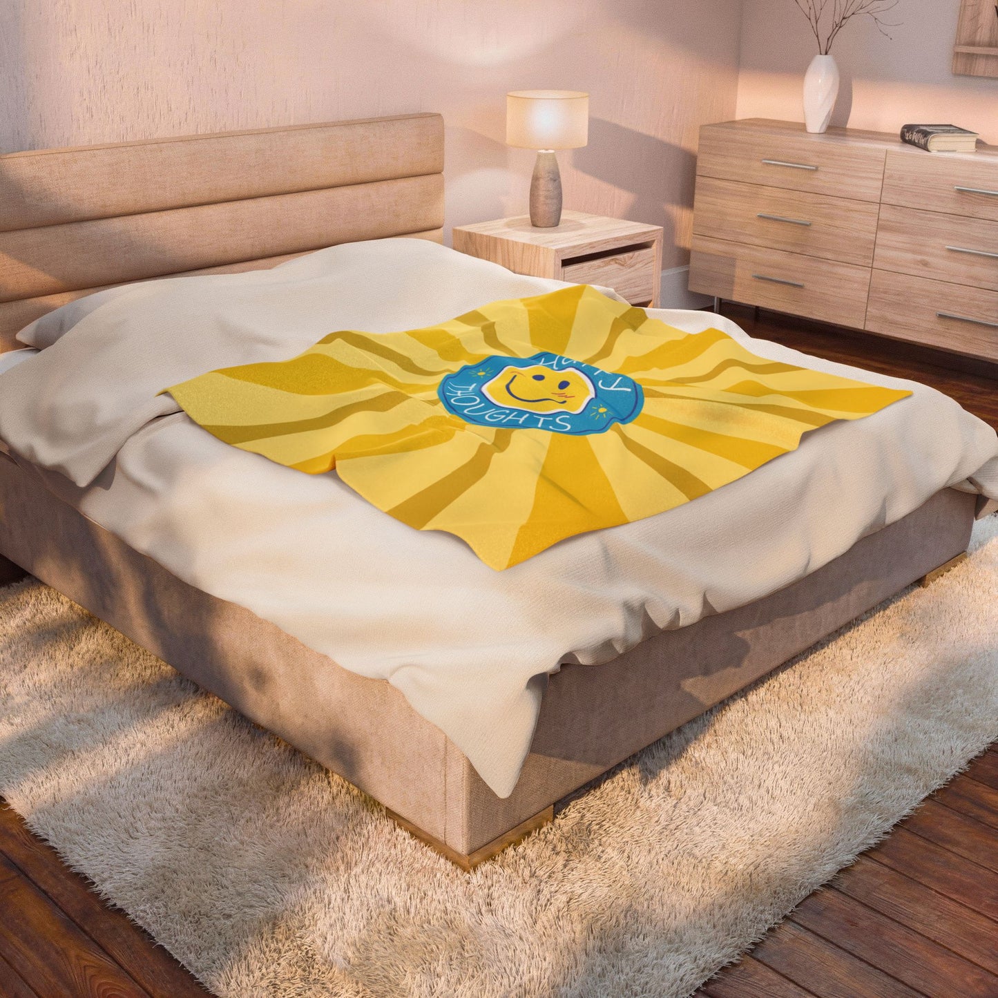 Happy Thoughts Velveteen Plush Blanket — Sunshine Smiley Throw for Kids & Positive Vibes