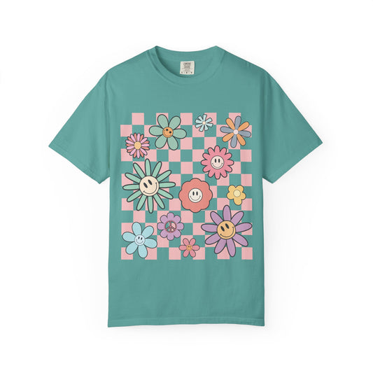 Smiley Flower Checkerboard T-Shirt